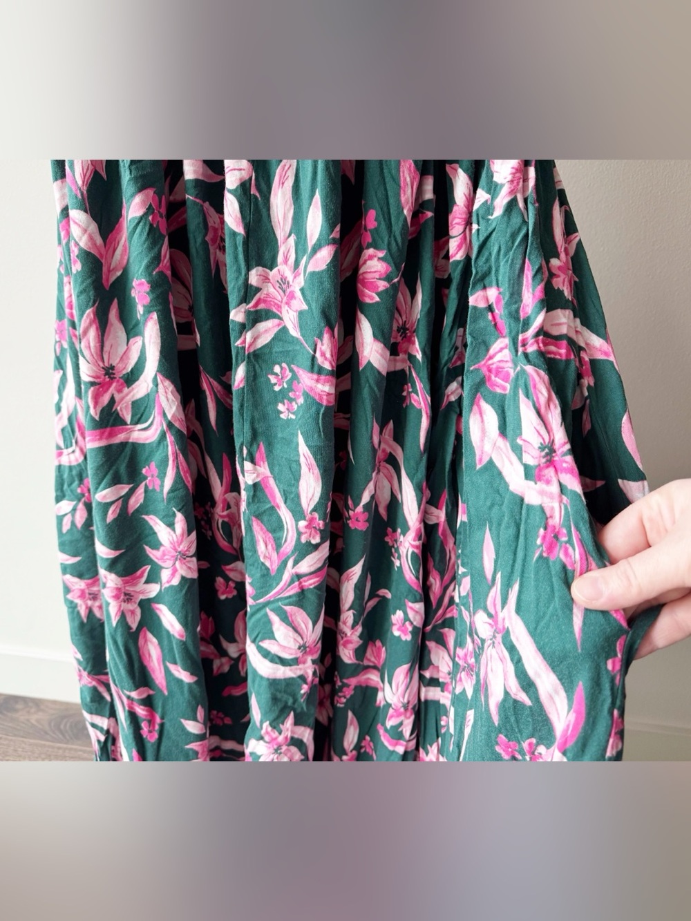 Petite Plume Pima Serene Lounge Dress, Green and Pink Floral Nightgown - Picture 5 of 12